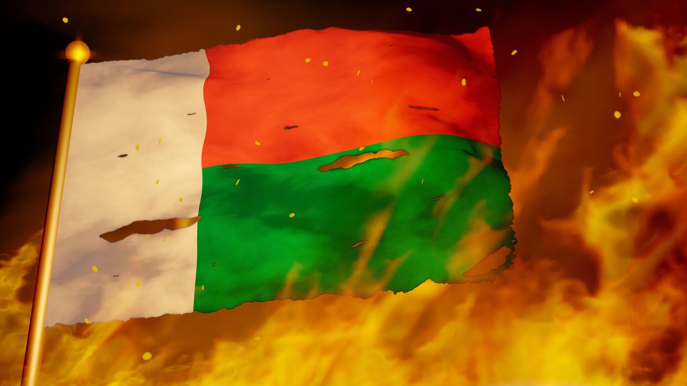 Flag,Of,Madagascar,Burning,In,War,,Wildfire,,Crisis,,Collapse,(3d