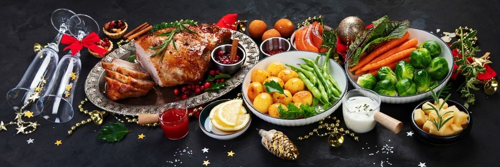 Traditional,Christmas,Dinner,On,Dark,Background.,Holiday,Food.,Panorama