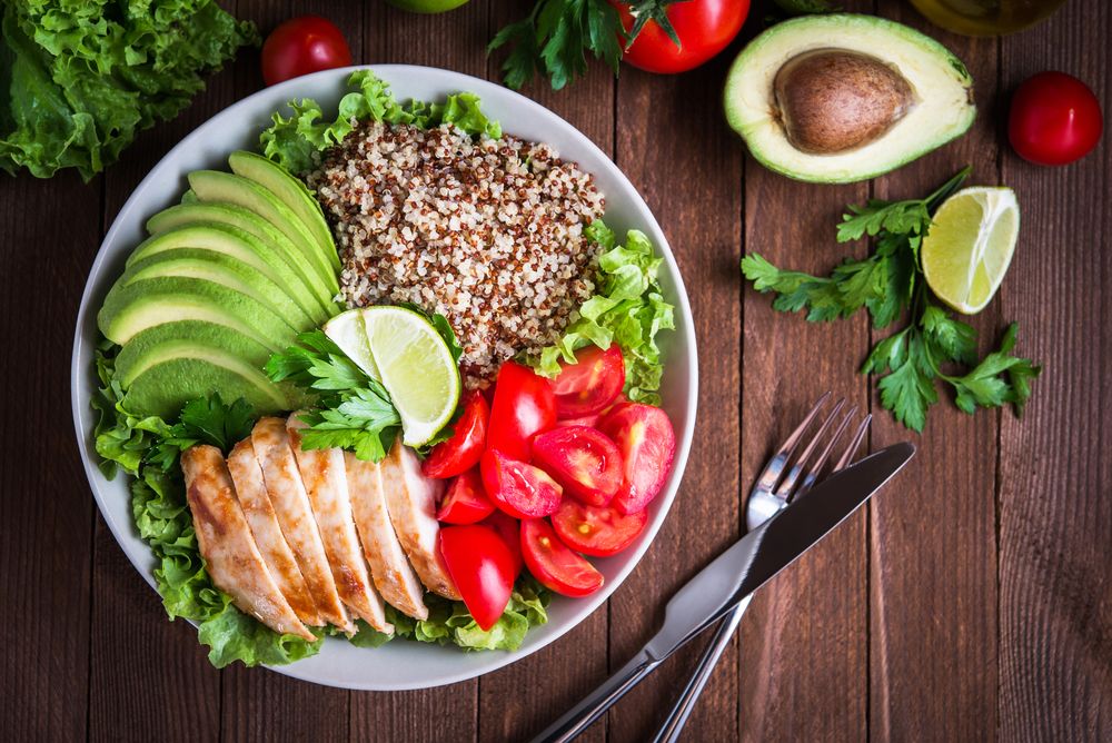 Healthy,Salad,Bowl,With,Quinoa,,Tomatoes,,Chicken,,Avocado,,Lime,And