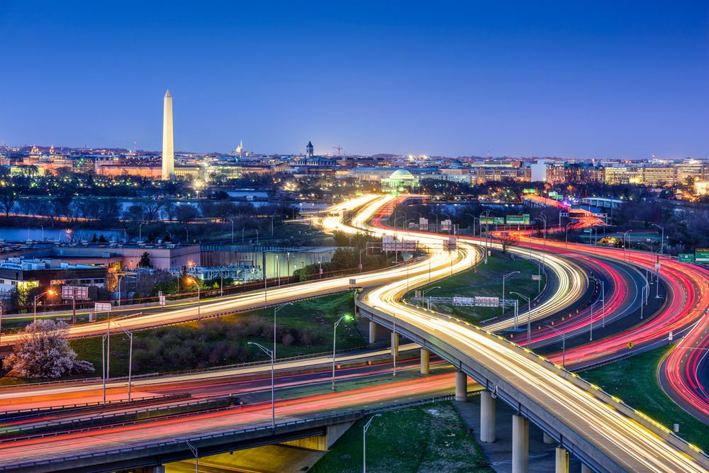Washington,,D.c.,Skyline,With,Highways,And,Monuments.