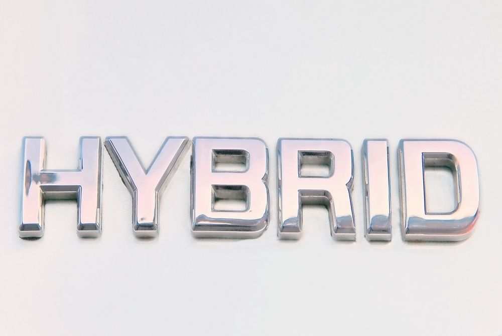 The,Word,Hybrid,On,A,Gray,License,Plate,White,