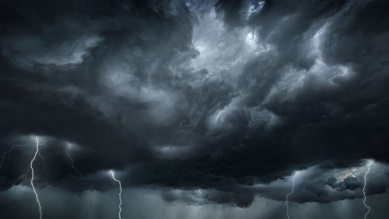 Thunderous,Dark,Sky,With,Black,Clouds,And,Flashing,Lightning.,Panoramic