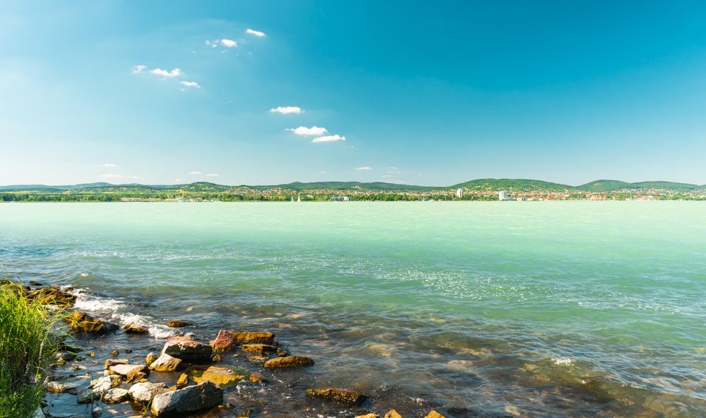 Sunny,Day,At,Lake,Balaton.,Viewing,The,Shore,And,Hills