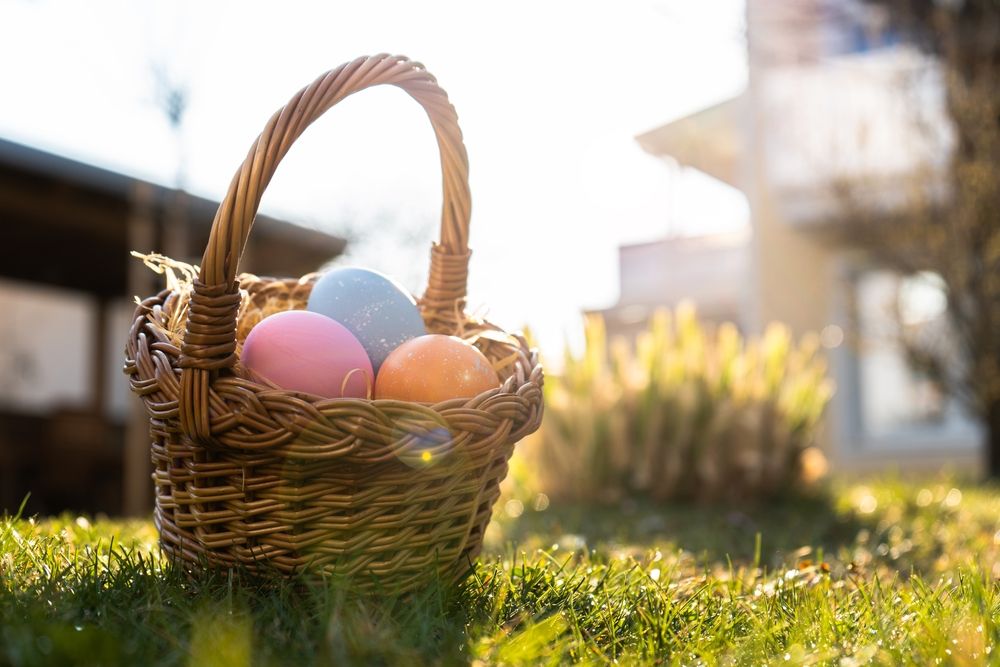 Happy,Easter.,Basket,With,Easter,Eggs,In,Grass,On,A