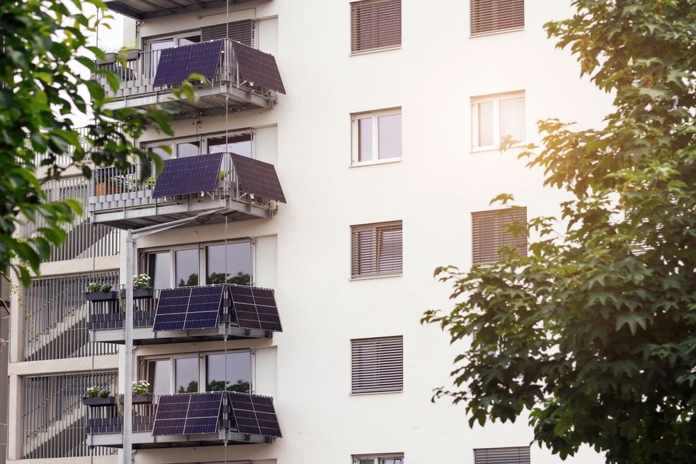 Solar,Panels,On,Balcony,Of,Apartments.,Modern,Facade,Building,With