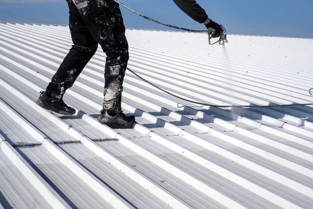 Metal,Roof,Painting.,Technician,Performing,Painting,Of,Roof,In,White