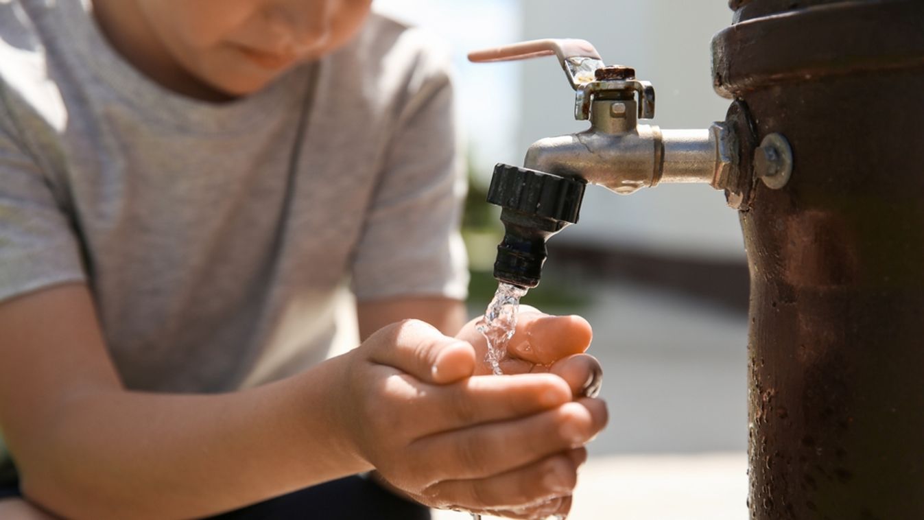 Water,Scarcity.,Little,Boy,Drinking,Water,From,Tap,Outdoors,,Closeup