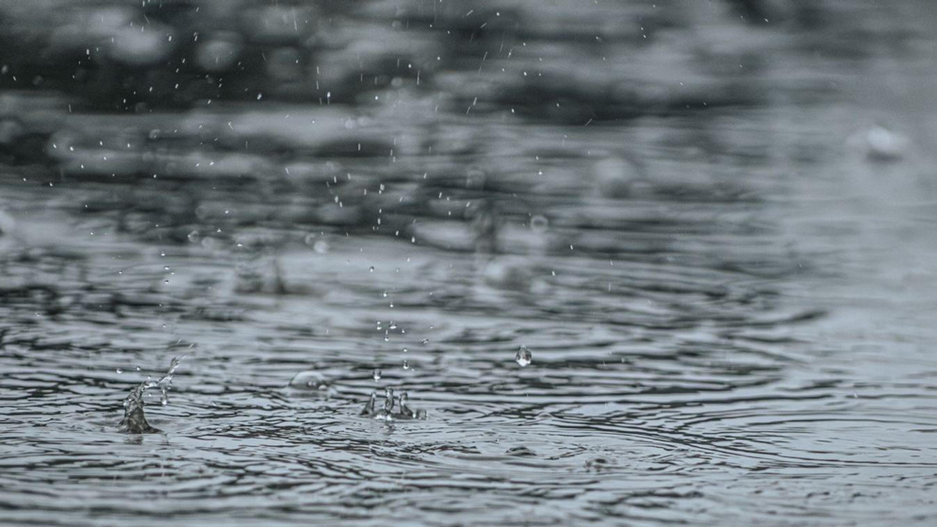 Close,Up,Of,Raindrops,Falling,On,A,Water,Surface,,Creating