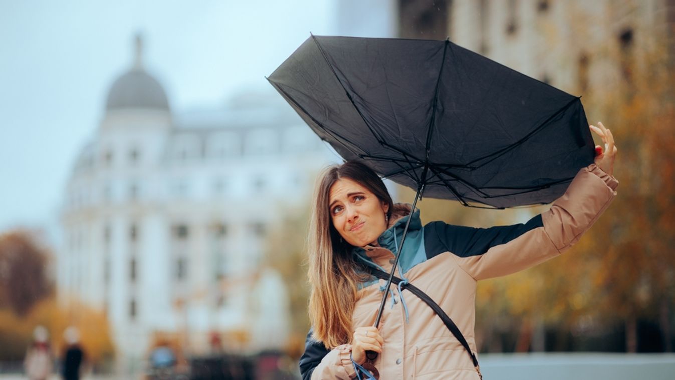 Stressed,Woman,Walking,In,The,Rain,With,Broken,Umbrella,Girl