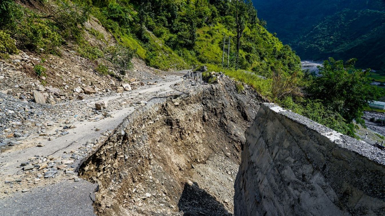 Kulekhani River Flood Damages Dakshinkali-Sisneri Road In Makwanpur, Nepal.