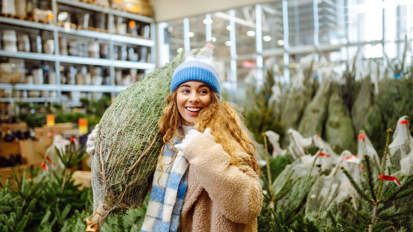 Beautiful,Young,Woman,Buys,A,Christmas,Tree,At,The,Fair.