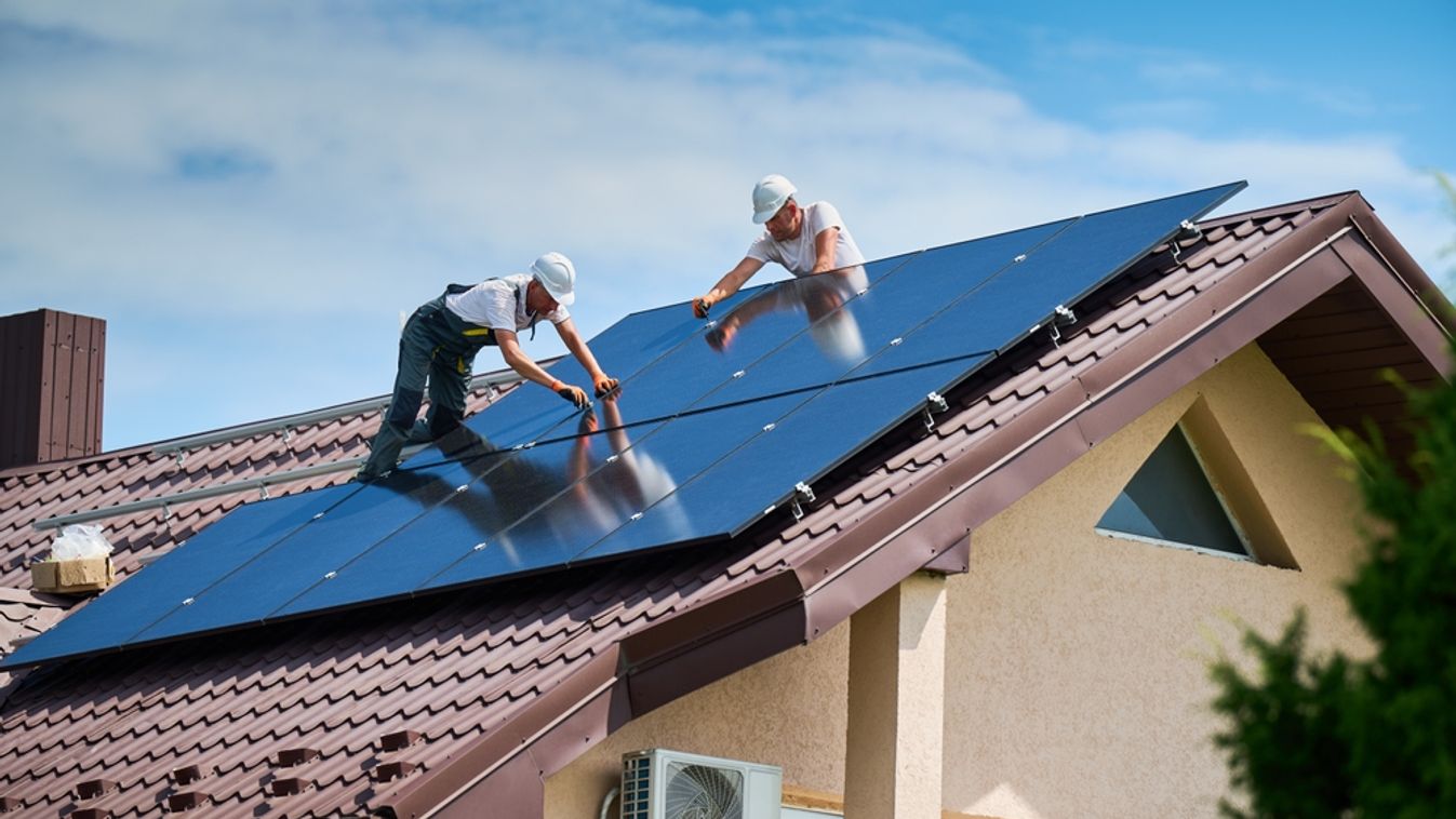 Workers,Building,Photovoltaic,Solar,Panel,System,On,Rooftop,Of,House.