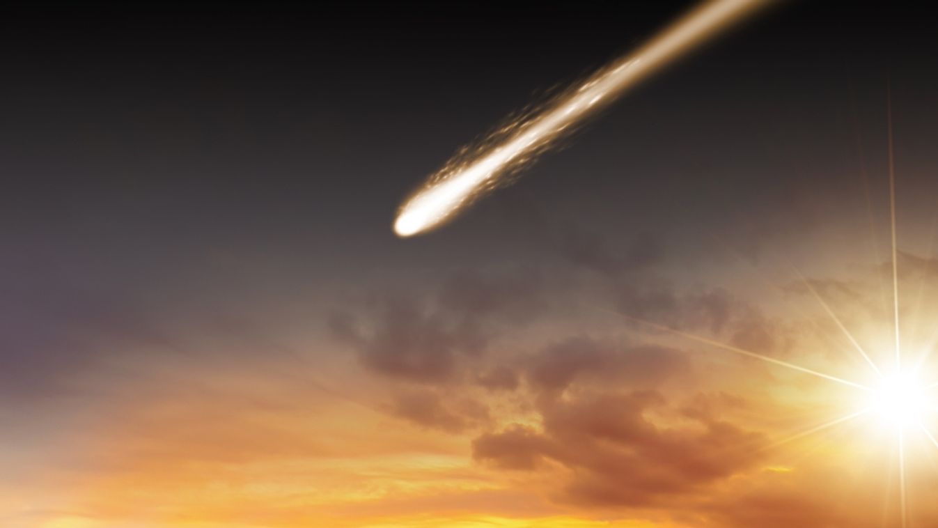 A,Large,Meteorite,And,Sunset,Sky,Landscape.,Falling,Meteorite,,Comet,