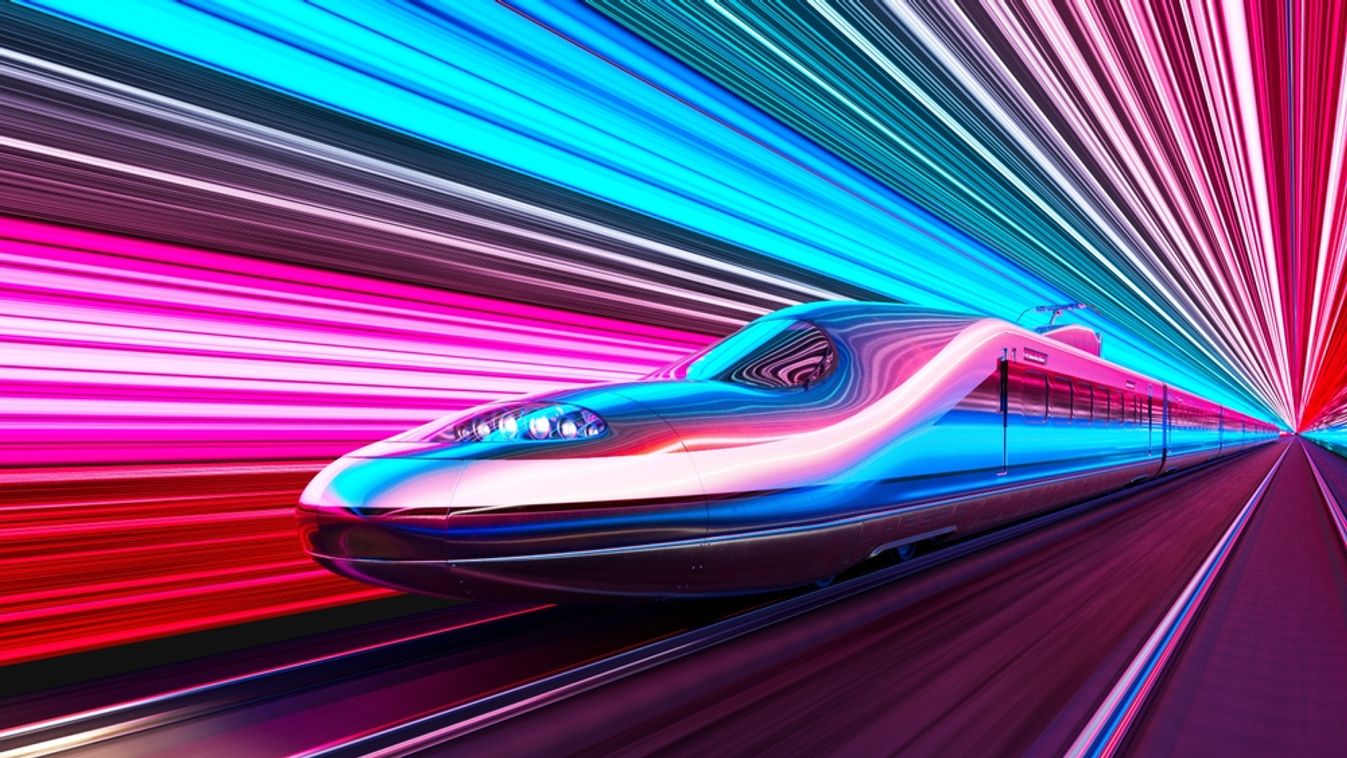 High-speed,Train,Speeds,Through,A,Pink,And,Blue,Neon-lit,Futuristic