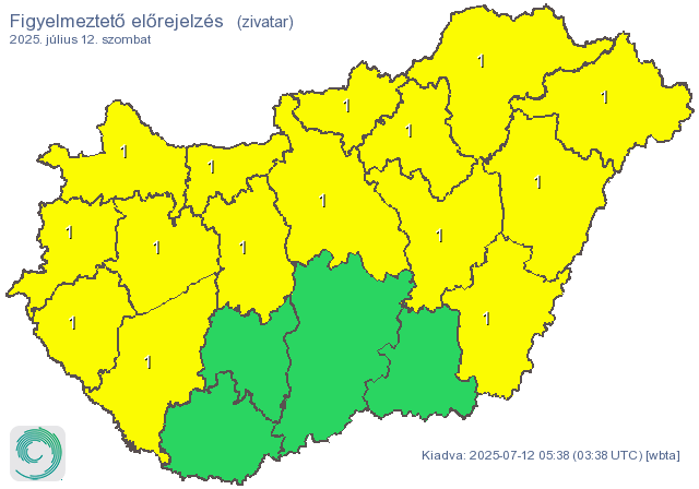 A meteorológiai szolgálat 14 vármegyére adott ki elsőfokú (citromsárga) veszélyjelzést a zivatarok miat
