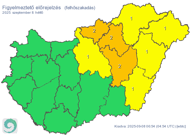 Narancs és citromsárga riasztás is érvényben van felhőszakadás miatt