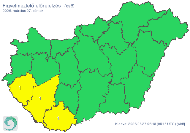 Figyelmeztetés van érvényben eső miatt Zala, Somogy és Baranya vármegyékre