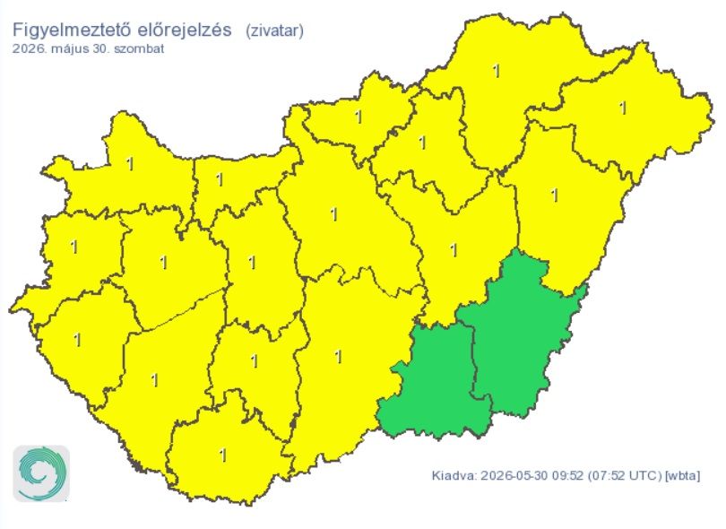 Az ország legtöbb vármegyéjére citromsárga figyelmeztetés adtak ki szombat délután