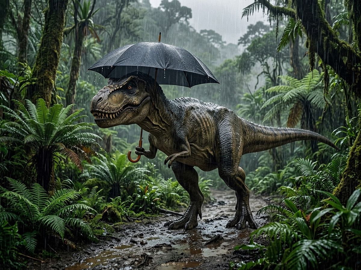 Tyrannosaurus rex áll az esőben, kezében esernyővel.