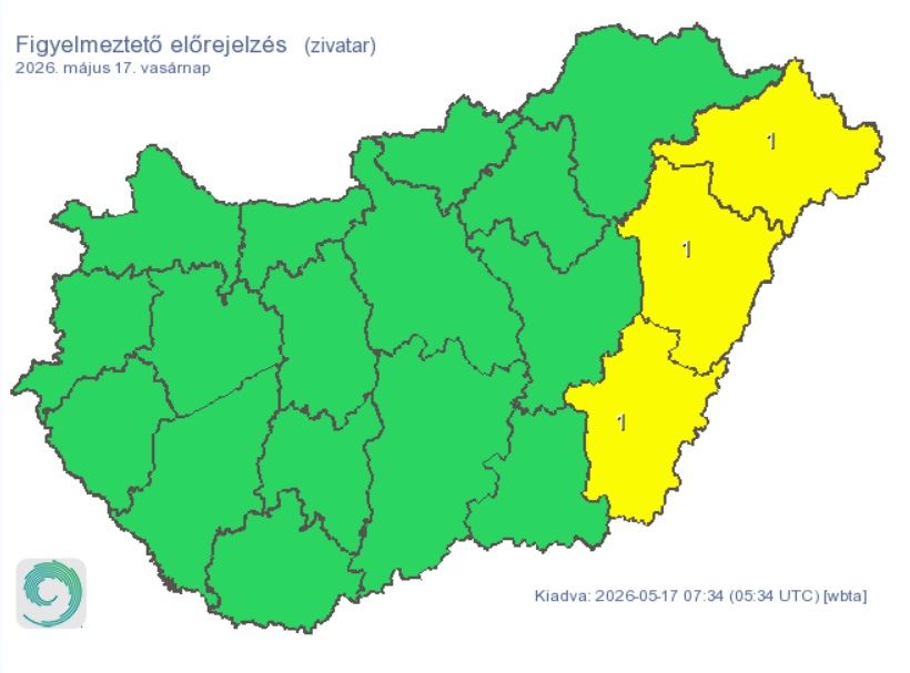 Az ország keleti részére citromsárga figyelmeztetést a várható zivatarok miatt