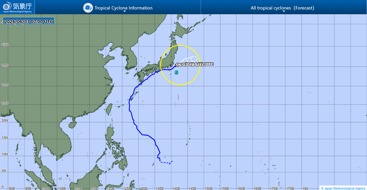 A JMA (Japán meteorológiai Ügynökség) térképén jól látszik, hogy Jangmi már távolodik Japántól
