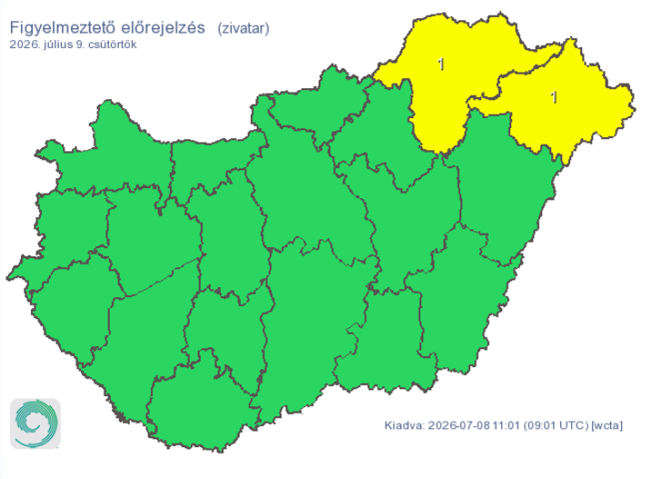Magyarország vármegyéire figyelmeztetést adtak ki jégeső és zivatarok miatt.