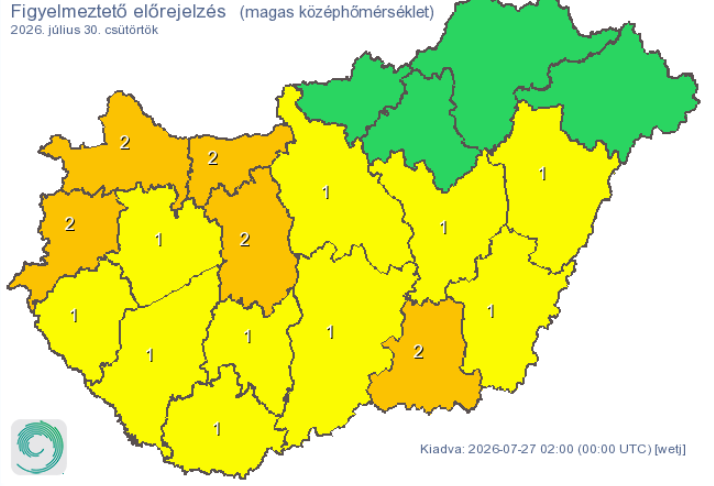 Hungaromet figyelmeztető előrejelzés magas középhőmérséklet miatt július utolsó hetének időjárás-előrejelzsésében.