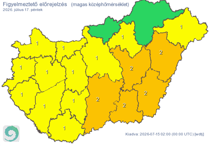 Magyararoszági térképes figyelmeztetés a magas középhőmérséklet és knikula miatt.